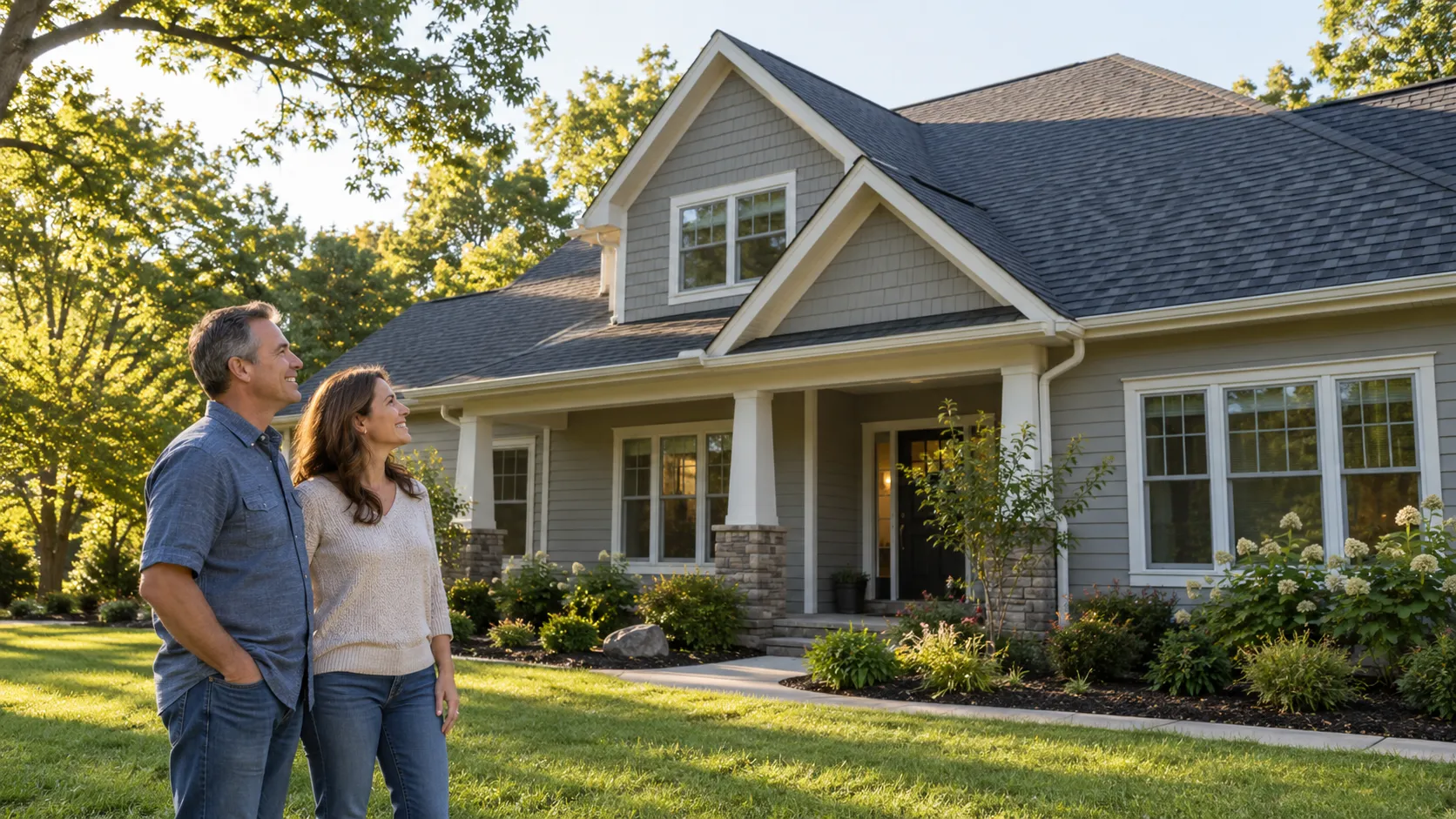 A tidy suburban home in Arlington Heights with a freshly installed roof under a bright sky