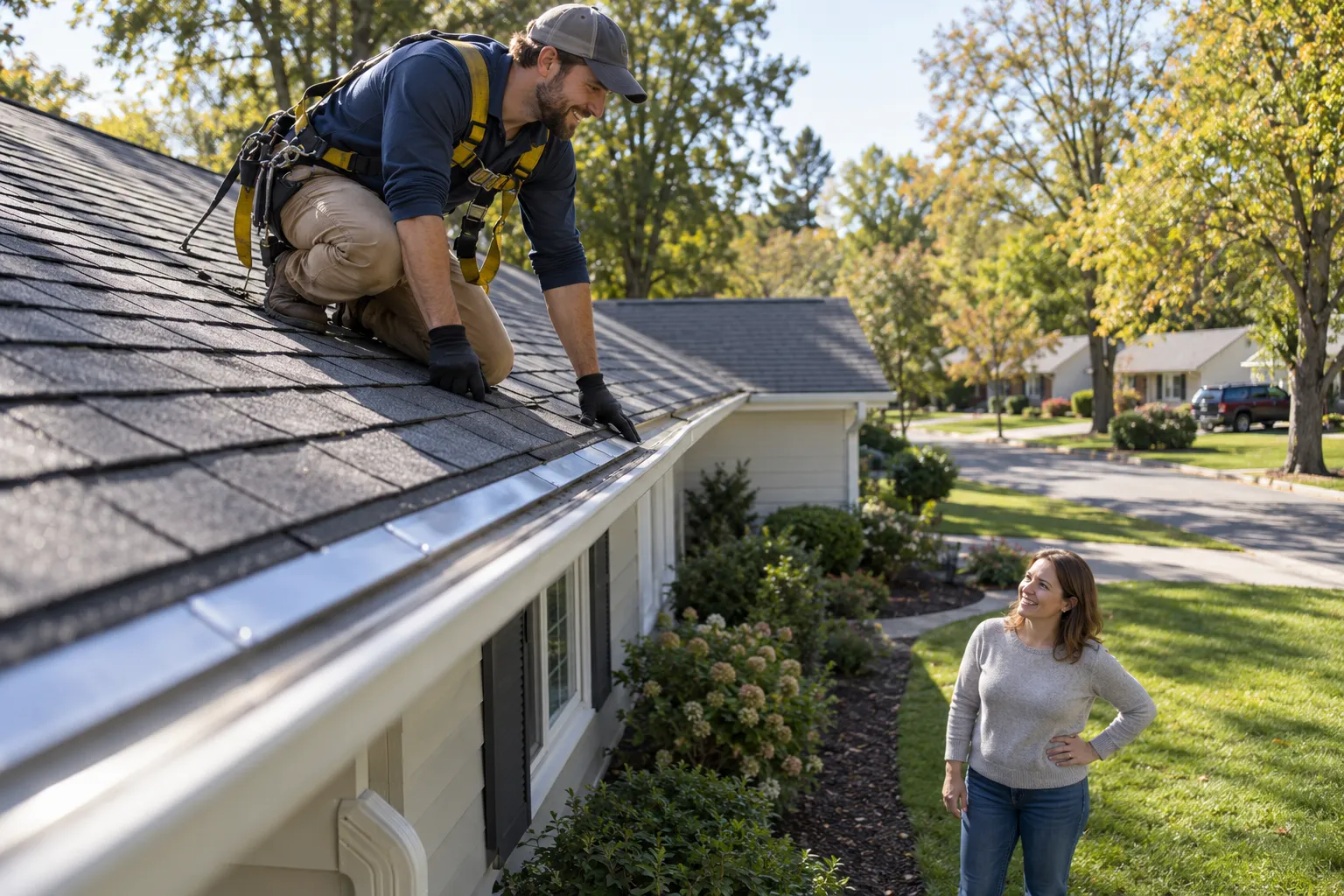 Friendly roofing provider checking shingles on a house roof in Arlington Heights on a clear day