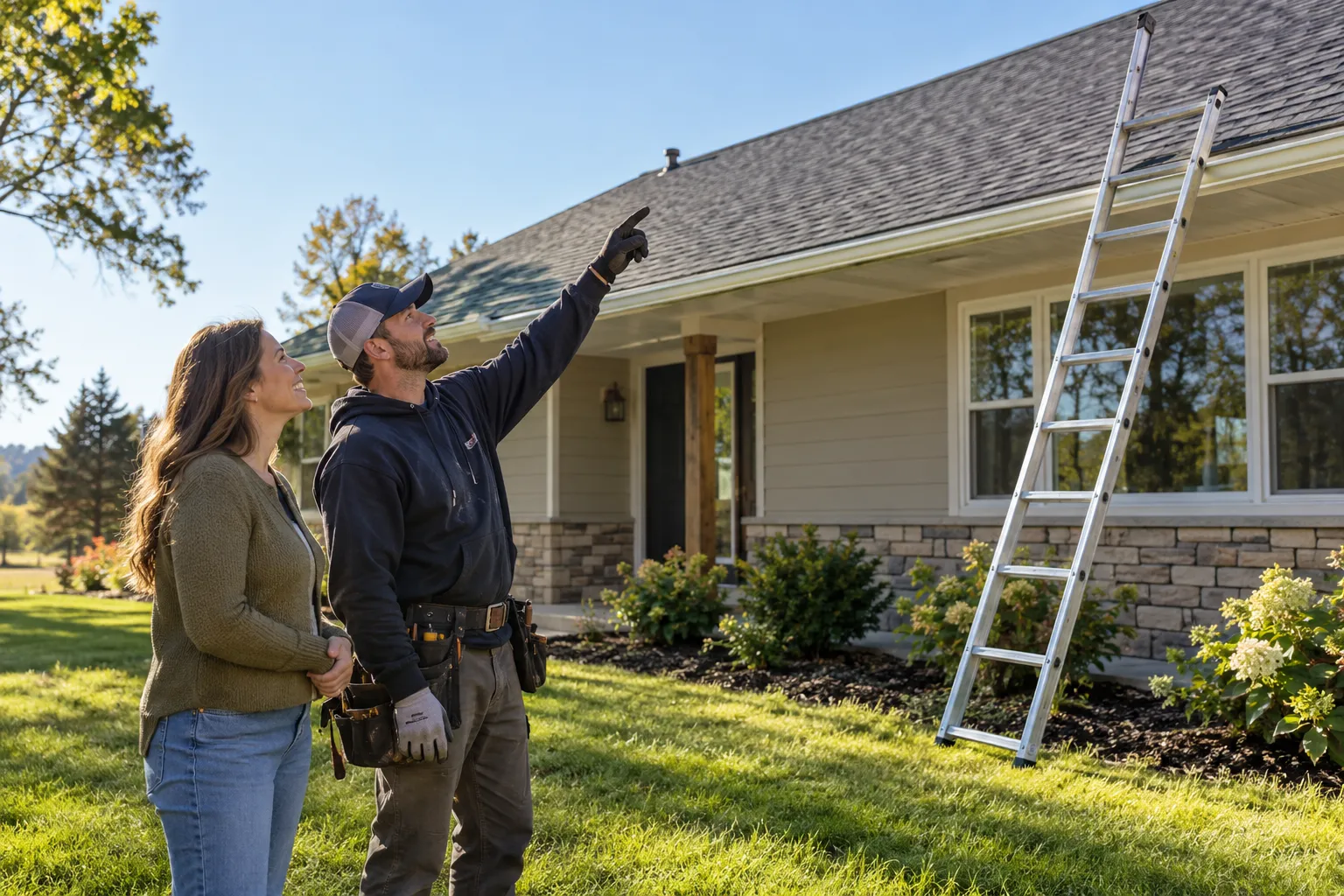 A friendly local roofing provider and a homeowner reviewing a new shingle roof from the driveway in Arlington Heights